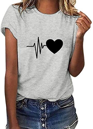 Tuopuda Magliette Donna Estive T-Shirt Manica Corta Elegante Top Cotone Crew Neck Graphic Tee Maglietta Casual Camicia Stampa Shirt Divertenti Sportivi Blusa Moda Top Taglie Forti, Grigio, XL