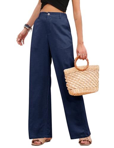 heekpek Pantaloni Lino Donna Estivi Vita Alta Comodi Leggero Pantaloni Larghi Donna Eleganti Pantaloni Gamba Dritta Donna Pantaloni Casual Spiaggia con Tasca, Blu Navy, M