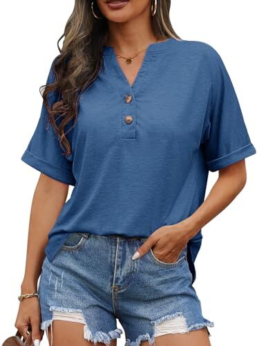 Niwicee T Shirt Donna Camicetta Manica Corta Magliette Donna Camicia Estiva Scollo V Classico Camicetta Traspirante Blusa Tops Allentato Shirt Casual Camicia Manica Corta Bluse-Blu Scuro-XL