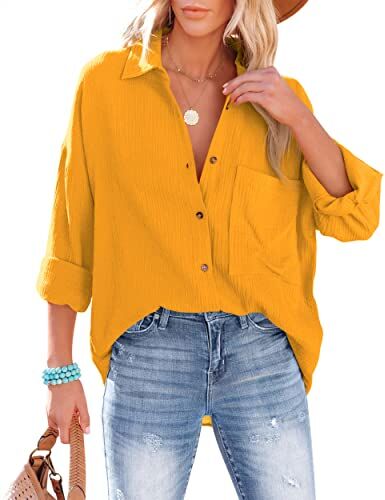 NONSAR Camicetta da donna casual, camicia con scollo a V, 100% cotone, vestibilità ampia, tessuto spesso in tinta unita, top elegante con tasca, giallo., XL