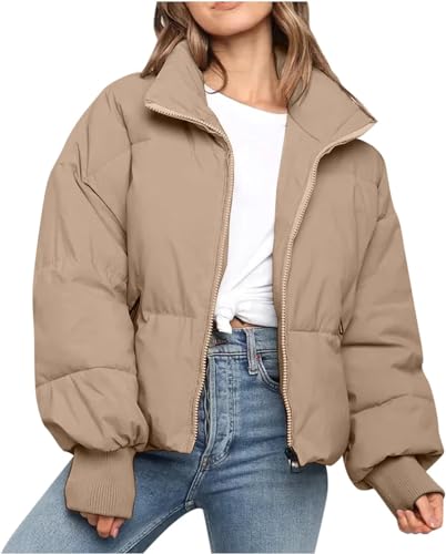 CROKZ Piumino invernale da donna corto con zip intera manica lunga tasca calda trapuntata imbottita a bolle cappotto / 210 (Color : #2 Khaki, Size : Small)
