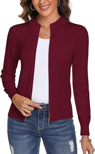 Aottori Cardigan Donna con Zip Maglione Cerniera Leggero Giacca in Maglia Elegante Golfino a Maniche Lunghe Pullover Aperta Casual per Primavera Autunno Invernale Vino Rosso M