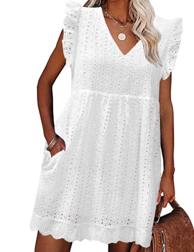 heekpek Abito Estivo Donna Scollo a V Vestito Corto Donna Senza Maniche Cotton Comodo Abito a Canotta Ruffles Floreale Vuoto Jacquard Casual Abito Mare Spiaggia, Bianco, L