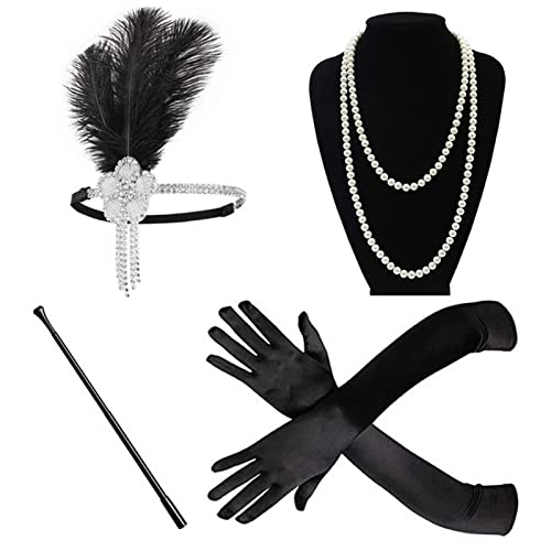 GERRIT Fascia Di Piume Bianco 1920s Flapper Fascia Accessori Gatsby Style 20s Copricapo Fascia Piume Di Pavone (Color : Black Set, Size : Taille unique)