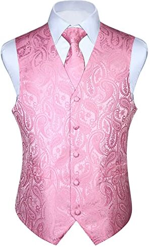 HISDERN Gilet da uomo Paisley floreale jacquard floreale cravatta tasca quadrata fazzoletto vestito set Rosa