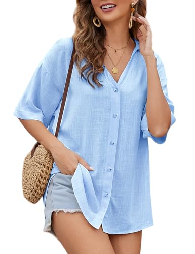 Niwicee Camicetta da Donna Elegante Maglie Bottone Tops Shirt Scollo a V Camicia Donna Estiva Lino Casual da Lavoro-Blu-XL