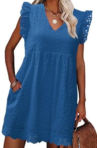 heekpek Abito Estivo Donna Scollo a V Vestito Corto Donna Senza Maniche Cotton Comodo Abito a Canotta Ruffles Floreale Vuoto Jacquard Casual Abito Mare Spiaggia, Blu, M