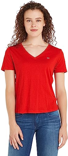 Tommy Jeans T-shirt Maniche Corte Donna TJW Slim Soft Scollo a V, Rosso (Deep Crimson), XS