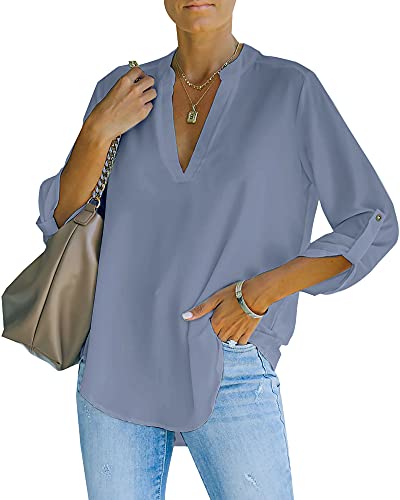 NONSAR Camicetta da donna Henley, elegante, con scollo a V, maniche arrotolabili, in stile casual, grigio., M