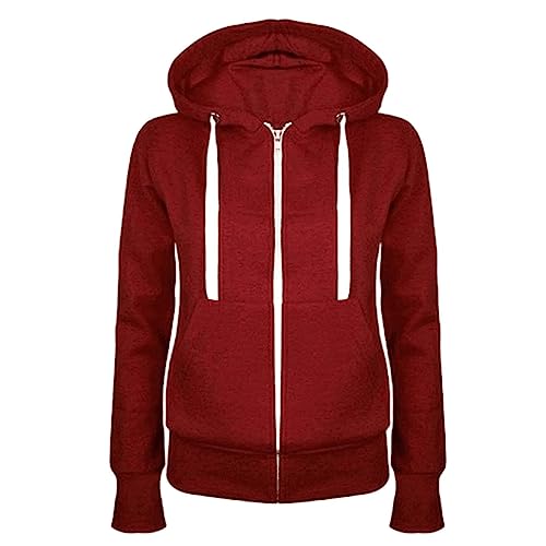 Masrin Felpa da donna Full Zip Giacca per le mezze stagioni, in tinta unita, con cappuccio, giacca college leggera, con cappuccio, in cotone, rosso scuro, M