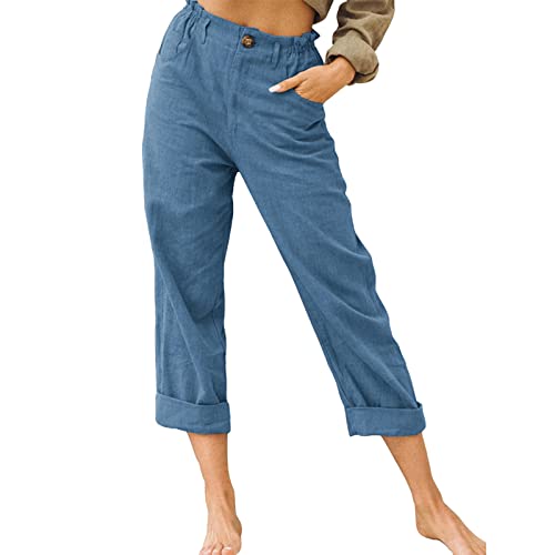 KEERADS Pantaloncini da bagno da donna in cotone e lino con coulisse sul retro, pantaloni elasticizzati in vita pantaloni casual jeans abito (Dark Blue #1, L)
