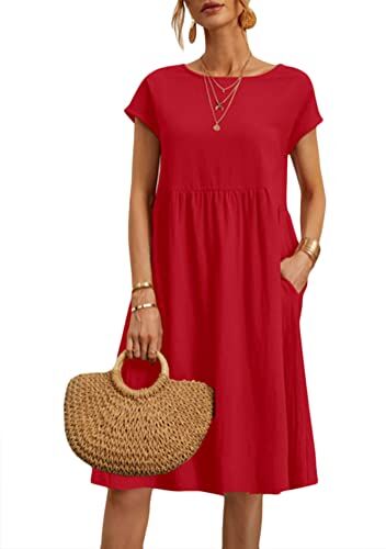 Yesgirl Vestiti da Donna Estivi Girocollo Manica Corta Vestiti Casual Abito in Lino Eleganti Tinta Unita Vestito Boho Abiti al Ginocchio Larghe Abito da Spiaggia A Rosso1 S