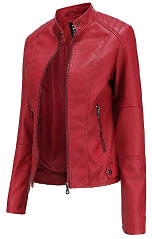 Hiser Giacca Corta da Donna in Pelle PU Giacca Tasche con Cerniera Vintage Cappotti Manica Lunga l'autunno e l'inverno Bike Motocicletta Giacchetto Jacket (Rosso,3XL)