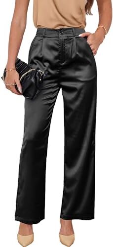 Fakanhui Pantaloni lunghi da donna in raso, a gamba larga, casual, scintillanti, a vita alta, abbigliamento da discoteca, Nero Z01 Gamba Larga, XX-Large