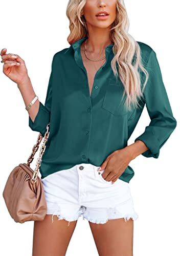 Homlan Camicia da donna elegante con scollo a V, in raso, a maniche lunghe, casual, con tasca sul petto, verde scuro, XXL