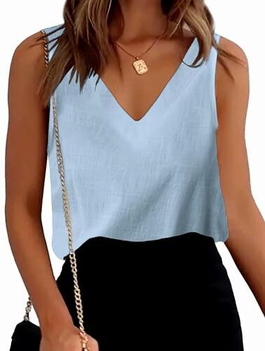 Zeagoo Ladies Blouse Tops Scollo a V Canottiera di Lino Tops Senza Maniche Camicie Casual Camicetta di Base Cami Casual Azzurro L