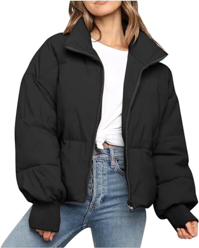 CROKZ Piumino invernale da donna corto con zip intera manica lunga tasca calda trapuntata imbottita a bolle cappotto / 210 (Color : #2 Black, Size : X-Small)