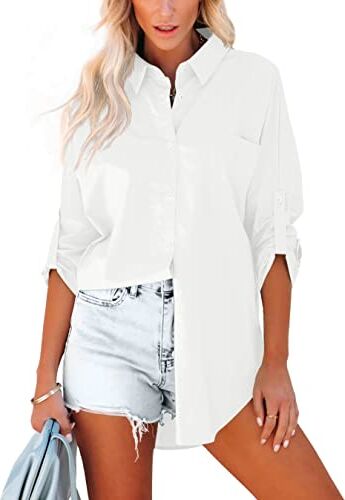 Homlan Camicia da Donna in Cotone, a Maniche Lunghe, Arrotolabile, Elegante, Casual, con Bottoni, Tinta Unita, a Maniche Lunghe, con Tasche sul Petto, Bianco, S