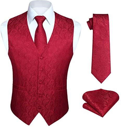 HISDERN Gilet da uomo Paisley floreale jacquard floreale cravatta tasca quadrata fazzoletto vestito set Rosso S