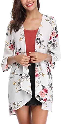 Irevial Kimono Cardigan Donna Chiffon Copricostume Mare Estiva Blusa a Maniche 3/4 Cover Up Stampato Floreale Casual da Spiaggia Traspirante Bianco S