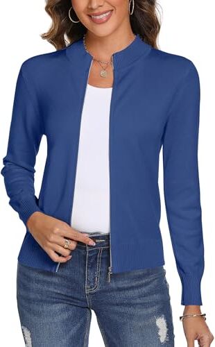 Aottori Cardigan Donna con Zip Maglione Cerniera Leggero Giacca in Maglia Elegante Golfino a Maniche Lunghe Pullover Aperta Casual per Primavera Autunno Invernale (Blu, M)