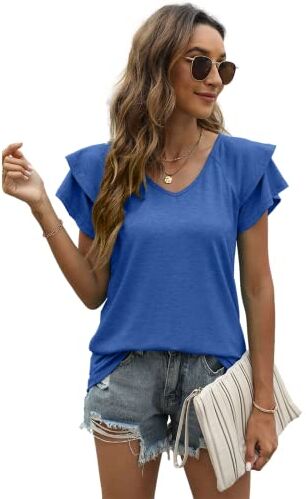 EDOTON Donna Maglietta Corte Scollo a V Camicetta Casual Estate Solida Hollow Bubble Sleeves Maglia Loose Tops Donna T-Shirts (M,B Blu colorato)