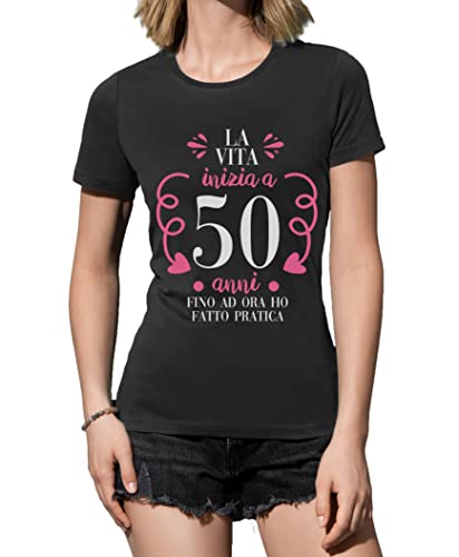 Thedifferent T-Shirt Maglietta Donna Girocollo La Vita Inizia A 50 Cinquanta Anni Fino Ad Ora Ho Fatto Pratica Idea Regalo Compleanno Figlia Mamma Nonna Zia Amica