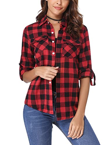 Irevial Camicia da Donna a Manica Lunga Casual Camicette a Quadri Cotone Ragazza Shirt Moda con Tasca Rosso XL