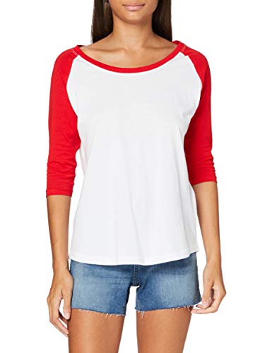 Build Your Brand Ladies 3/4 Contrast Raglan Tee T-Shirt, Bianco/Rosso, L Donna