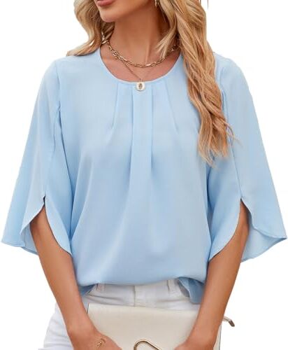 OLIPHEE Classico Camicia Girocollo Donna Manica a 1/2 Chiffon Blusa Plissettata Estiva Elegante Top (XL, Azzurro)