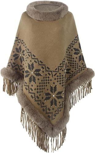 CROKZ Autunno-Inverno soffice dolcevita donna geometria poncho scialle di pashmina mantello avvolgente maglione lavorato a maglia con nappa / 269 (Color : Dark Khaki)