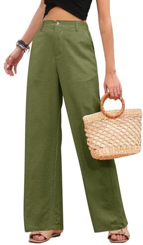 heekpek Pantaloni Lino Donna Estivi Vita Alta Comodi Leggero Pantaloni Larghi Donna Eleganti Pantaloni Gamba Dritta Donna Pantaloni Casual Spiaggia con Tasca, Verde, XXL