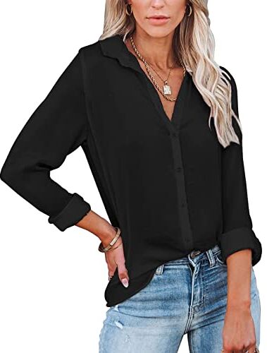 Yuson Girl Camicia Donna Camicetta da Donna con Scollo a V Casual Manica Lunga con Bottoni Colore Puro Elegante Camicie Shirt Primavera Estate Autunno Blusa Donna(Nero, M)