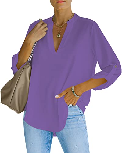 NONSAR Camicetta da donna Henley, elegante, con scollo a V, maniche arrotolabili, in stile casual, viola., XXL