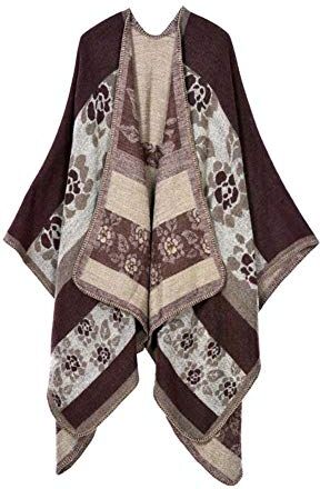 Hanyixue Sciarpa Donna Poncho Capes Elegant Scialle Cardigan Maglione Cappotto Poncho Donna Mantella Maglione Largo Moda Scollo a V Aperto Cape Poncho (Flower Coffee#03)