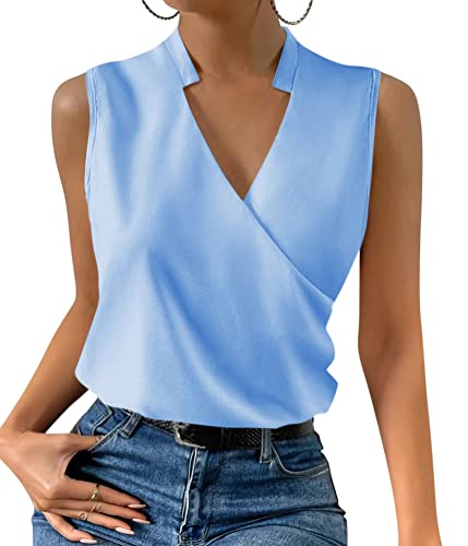 ORANDESIGNE Canotta Elegante Donna Cerimonia Curvy Maglietta Senza Maniche Estiva Canottiera Scollo A V Top Ufficio Camicie Bluse Moda Causal Camicia Sexy Sera Sottogiacca Camicetta a Blu XS