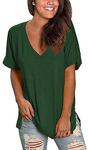 Tuopuda Maglietta Manica Corta Donna, T-Shirt Scollo a V Estiva Elegante Camicia Casual Tinta Unita Camicetta Sportivi Cotone Stretch Moda Top Taglie Forti Manica Blusa, Verde Scuro, S