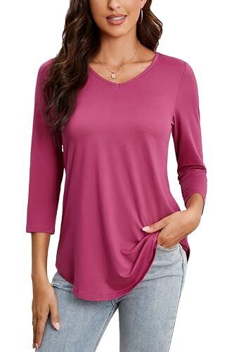 Enmain Donna Maglietta Tunica Scollo V Maniche a 3/4 Top Maglia Manica Lunga Taglie Forti Magliette Elegant Autunno Inverno Slim Fit T Shirt,Rosa Caldo,M