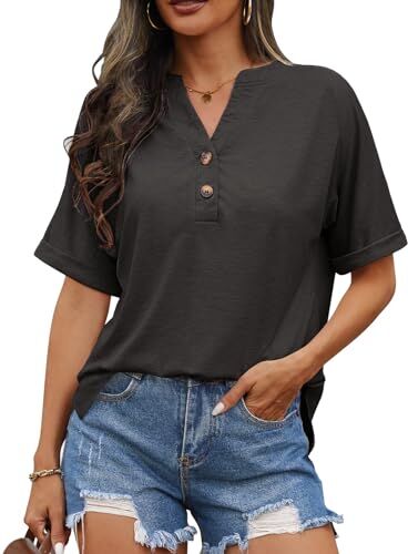 Niwicee T Shirt Donna Camicetta Manica Corta Magliette Donna Camicia Estiva Scollo V Classico Camicetta Traspirante Blusa Tops Traspirante Allentato Shirt Casual Camicia Manica Corta Bluse-Nero-M