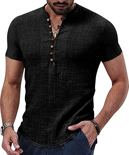 NIBESSER Camicia Lino Uomo Maniche Corte Camicia Uomo Estiva Elegante Camicia Coreana Uomo Casual con Bottoni Henley Shirt Traspirante Tinta Unita per Mare Spiaggia Vacanza, Nero, S