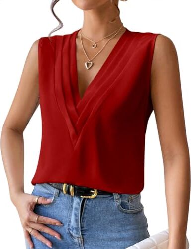 ORANDESIGNE Canotta Elegante Donna Cerimonia Curvy Maglietta Senza Maniche Estiva Canottiera Scollo A V Top Ufficio Camicie Bluse Moda Causal Camicia Sera Sottogiacca Camicetta b Borgogna L