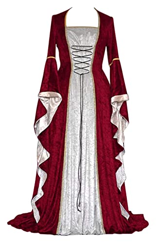 CosCool Abito da donna in stile medievale con maniche a tromba, vestito lungo in stile rinascimentale, rétro, adatto per carnevale, Halloween, feste e come costume da principessa, colore: rosso, 2XL