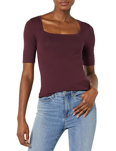 Amazon Essentials T-Shirt Aderente con Scollo Quadrato e Mezze Maniche Donna, Bordeaux, M