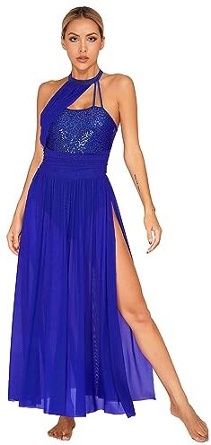 TiaoBug Abito da Ballo Donna Latino Americano Pizzo Trasparente Vestito Danza Classica con Nappa Salsa Samba Rumba Abito da Ballerina Jazz Danza Moderna Dancewear Blu Reale E XL