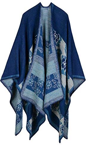 Hanyixue Sciarpa Donna Poncho Capes Elegant Scialle Cardigan Maglione Cappotto Poncho Donna Mantella Maglione Largo Moda Scollo a V Aperto Cape Poncho (Flower Navy#05)