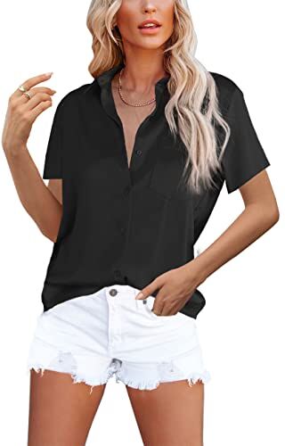 Homlan Camicia da Donna Elegante con Scollo a V, in Raso, a Maniche Corte, Casual, con Tasca sul Petto, Nero, M