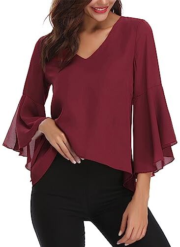 Gyabnw Camicetta Donna Casual in Chiffon Estiva Camicia Elegante Traspirante di 3/4 Manica a Volant Scollo a V Blusa Leggero Classiaca bordò, L