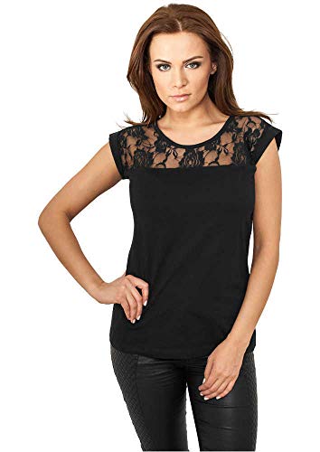 Urban Classics Maglietta Donna a Maniche Corte con Inserti in Pizzo con Motivo Floreale, Maglietta Elegante in Cotone, Nero, XL