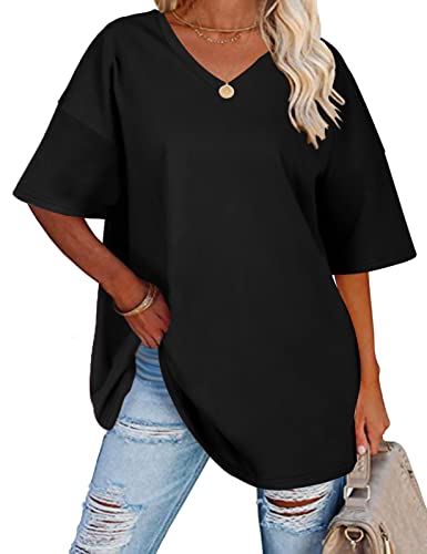 heekpek T Shirt Donna Cotone Scollo a V Oversize Magliette Donna Manica Corta Estive Casual Classica Tee Shirt Top, Nero, XL
