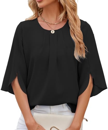 OLIPHEE Classico Camicia Girocollo Donna Manica a 1/2 Chiffon Blusa Plissettata Estiva Elegante Top (XL, Anero)